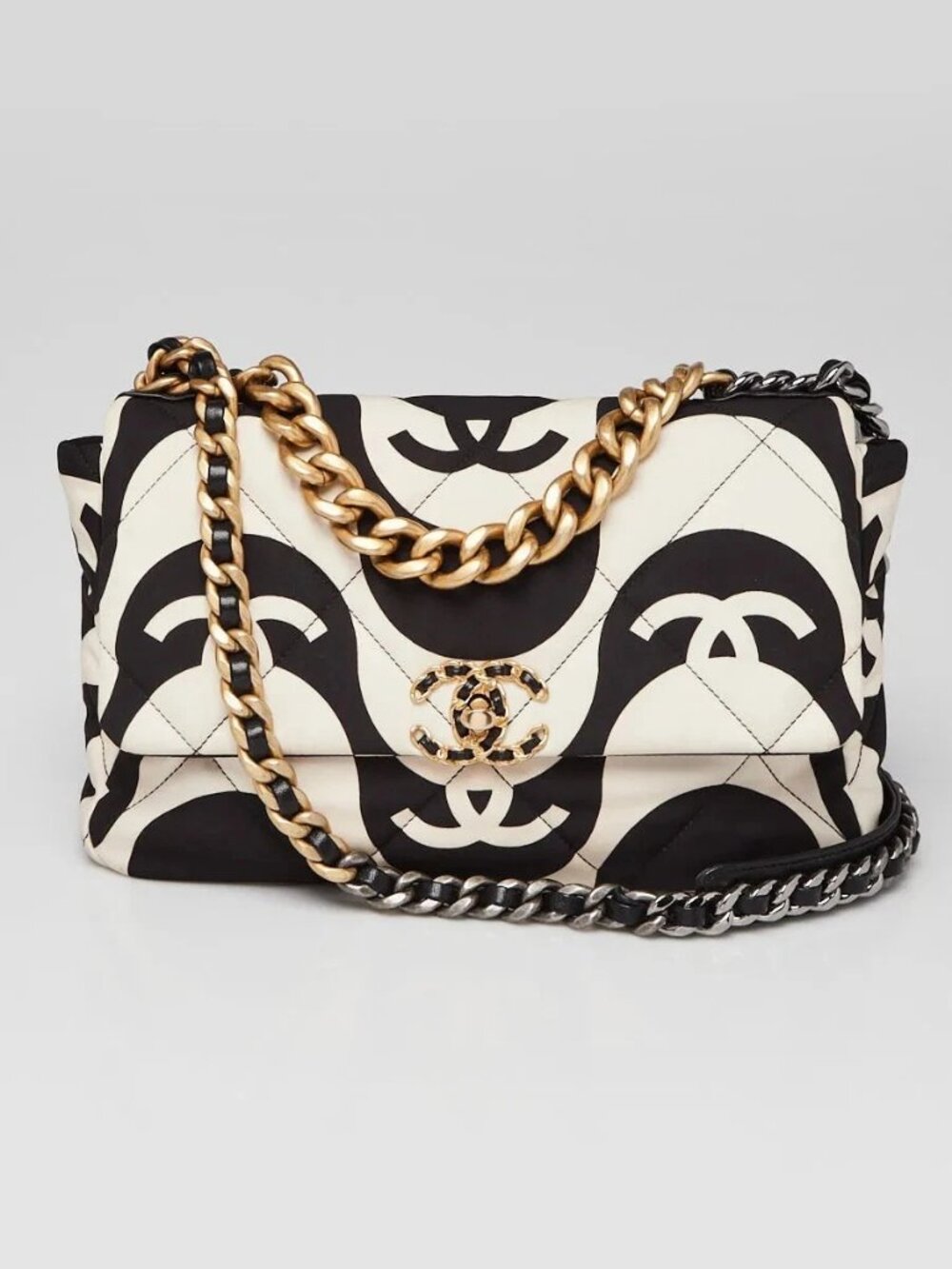 Chanel Black/White CC Printed Quilted Canvas Large Chanel 19 Flap Bag